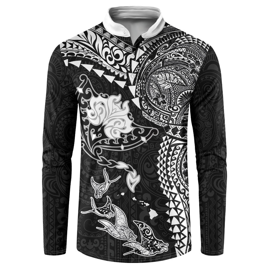 Hawaiian Manta Ray Tribal Button Sweatshirt Polynesian Art Motifs Black Color