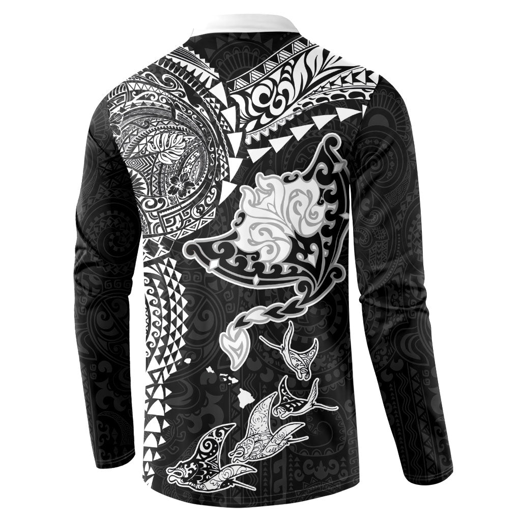 Hawaiian Manta Ray Tribal Button Sweatshirt Polynesian Art Motifs Black Color