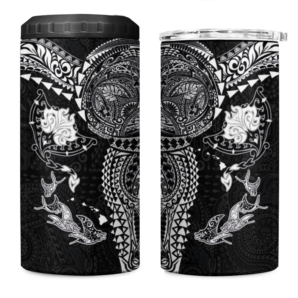 Hawaiian Manta Ray Tribal 4 in 1 Can Cooler Tumbler Polynesian Art Motifs Black Color