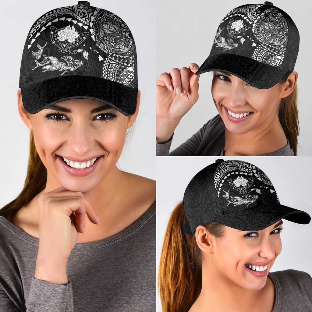 Hawaiian Manta Ray Tribal Classic Cap Polynesian Art Motifs Black Color