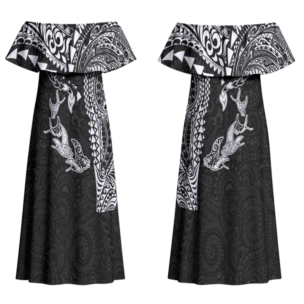Hawaiian Manta Ray Tribal Couples Matching Off Shoulder Maxi Dress and Long Sleeve Button Shirt Polynesian Art Motifs Black Color LT03 - Polynesian Pride