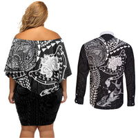 Hawaiian Manta Ray Tribal Couples Matching Off Shoulder Short Dress and Long Sleeve Button Shirt Polynesian Art Motifs Black Color LT03 - Polynesian Pride