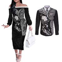 Hawaiian Manta Ray Tribal Couples Matching Off The Shoulder Long Sleeve Dress and Long Sleeve Button Shirt Polynesian Art Motifs Black Color LT03 Black - Polynesian Pride