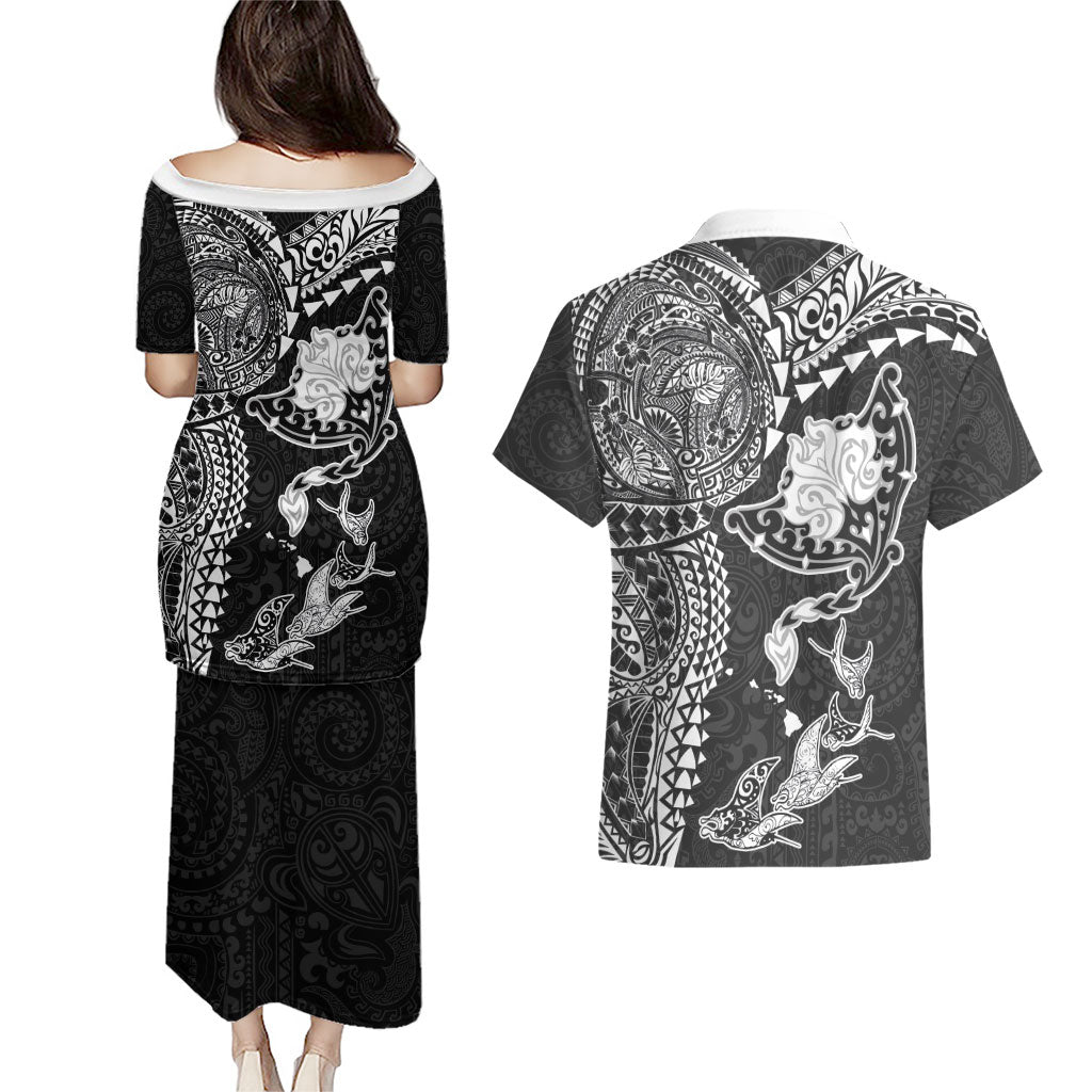 Hawaiian Manta Ray Tribal Couples Matching Puletasi and Hawaiian Shirt Polynesian Art Motifs Black Color LT03 - Polynesian Pride