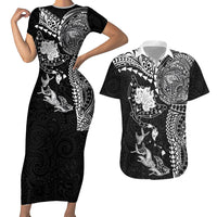 Hawaiian Manta Ray Tribal Couples Matching Short Sleeve Bodycon Dress and Hawaiian Shirt Polynesian Art Motifs Black Color LT03 Black - Polynesian Pride