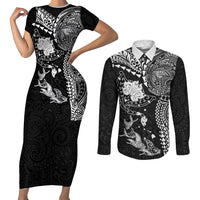 Hawaiian Manta Ray Tribal Couples Matching Short Sleeve Bodycon Dress and Long Sleeve Button Shirt Polynesian Art Motifs Black Color LT03 Black - Polynesian Pride