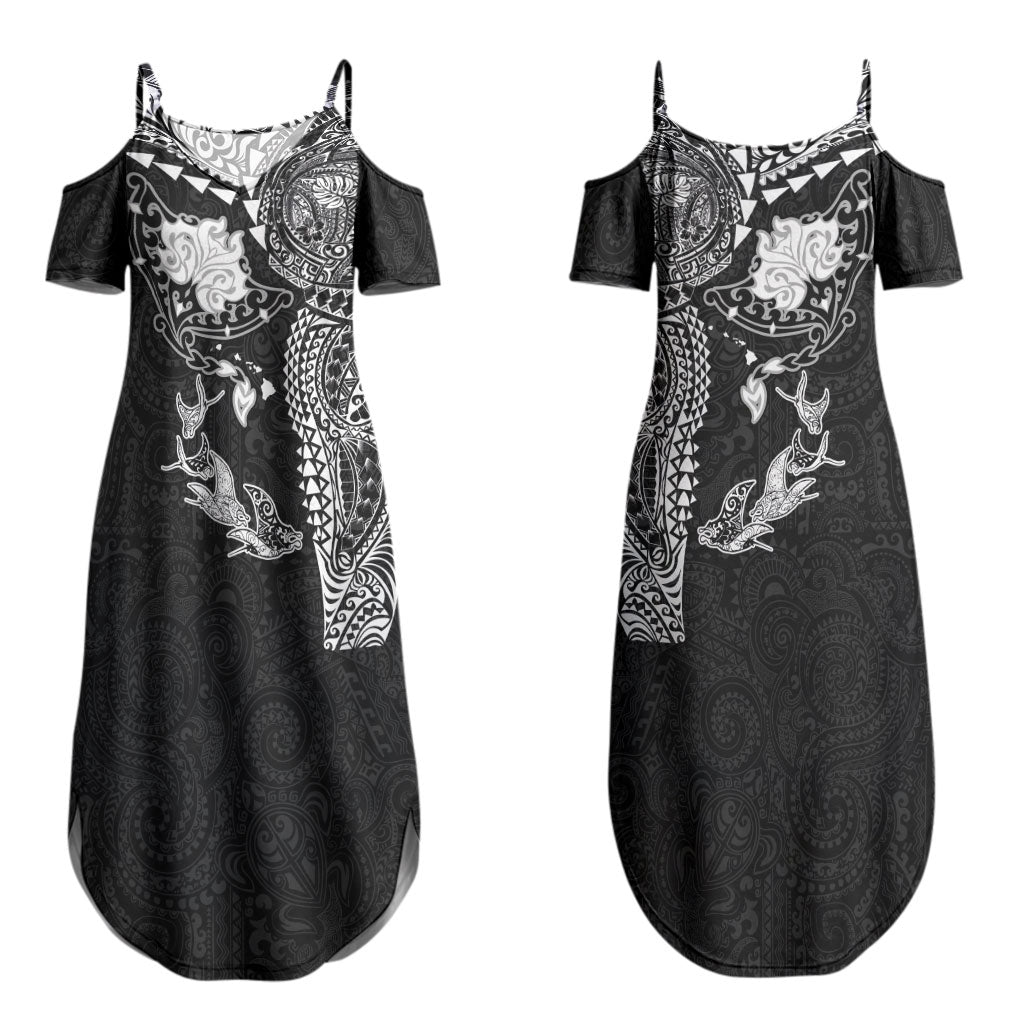 Hawaiian Manta Ray Tribal Couples Matching Summer Maxi Dress and Long Sleeve Button Shirt Polynesian Art Motifs Black Color LT03 - Polynesian Pride