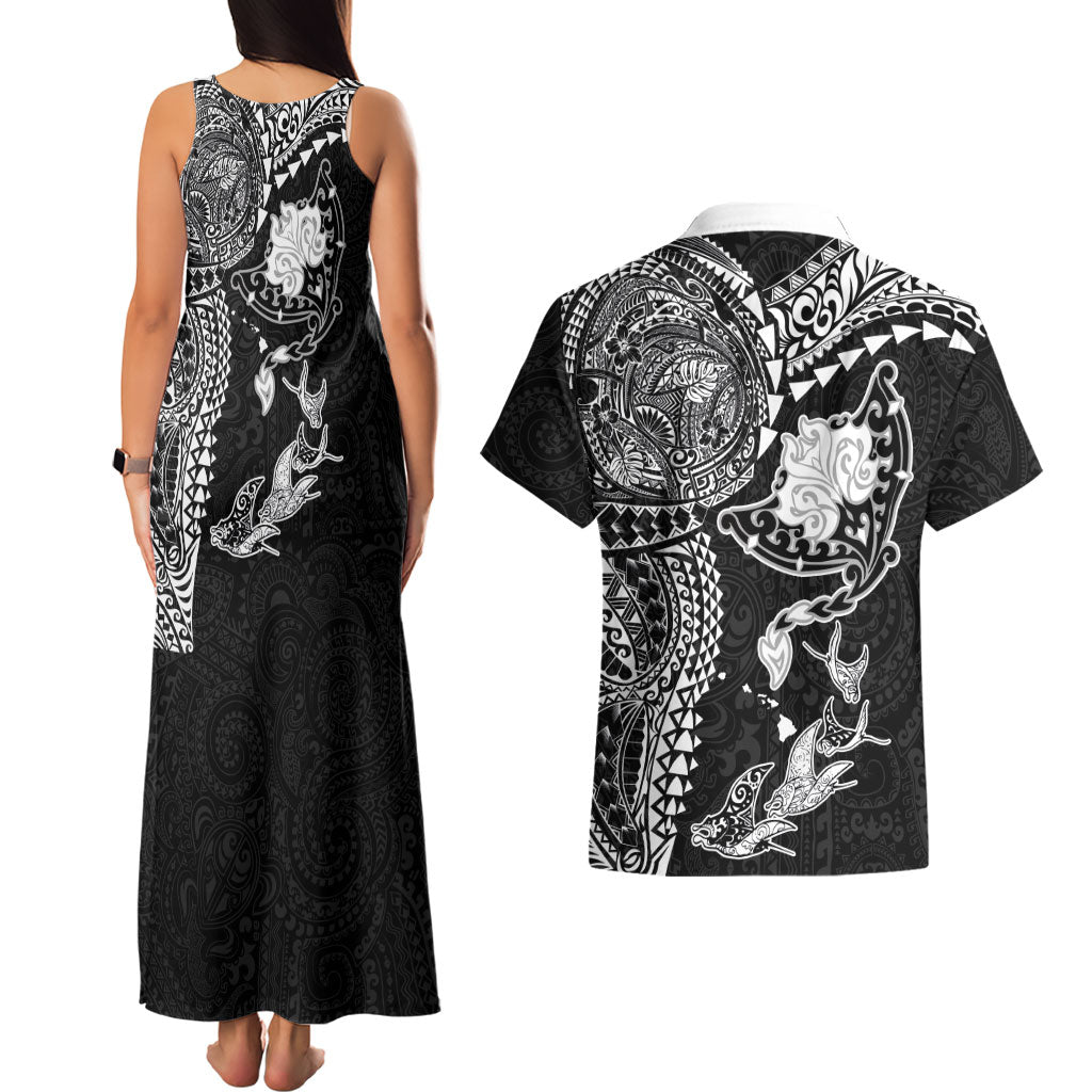 Hawaiian Manta Ray Tribal Couples Matching Tank Maxi Dress and Hawaiian Shirt Polynesian Art Motifs Black Color LT03 - Polynesian Pride
