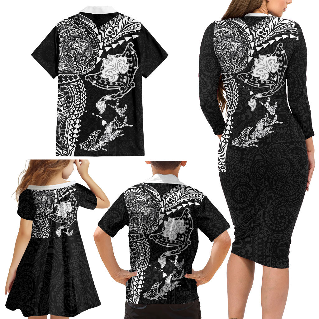 Hawaiian Manta Ray Tribal Family Matching Long Sleeve Bodycon Dress and Hawaiian Shirt Polynesian Art Motifs Black Color LT03 - Polynesian Pride