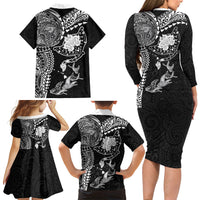 Hawaiian Manta Ray Tribal Family Matching Long Sleeve Bodycon Dress and Hawaiian Shirt Polynesian Art Motifs Black Color LT03 - Polynesian Pride
