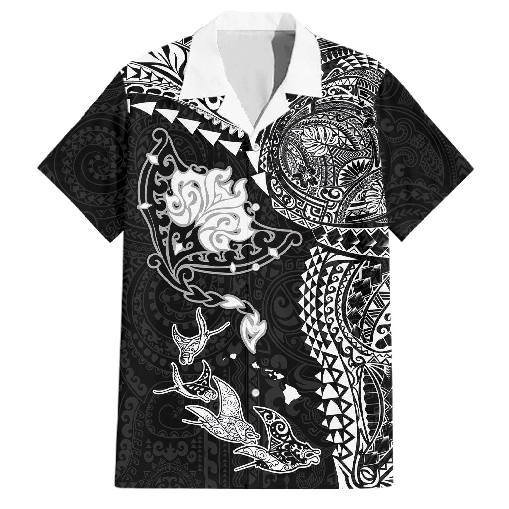 Hawaiian Manta Ray Tribal Family Matching Long Sleeve Bodycon Dress and Hawaiian Shirt Polynesian Art Motifs Black Color LT03 Dad's Shirt - Short Sleeve Black - Polynesian Pride