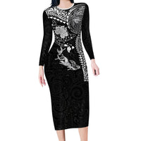 Hawaiian Manta Ray Tribal Family Matching Long Sleeve Bodycon Dress and Hawaiian Shirt Polynesian Art Motifs Black Color LT03 Mom's Dress Black - Polynesian Pride
