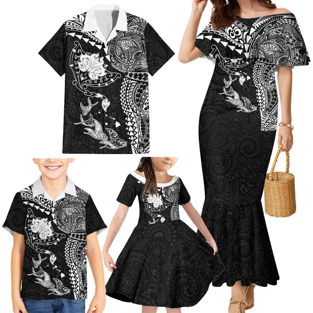 Hawaiian Manta Ray Tribal Family Matching Mermaid Dress and Hawaiian Shirt Polynesian Art Motifs Black Color LT03 - Polynesian Pride