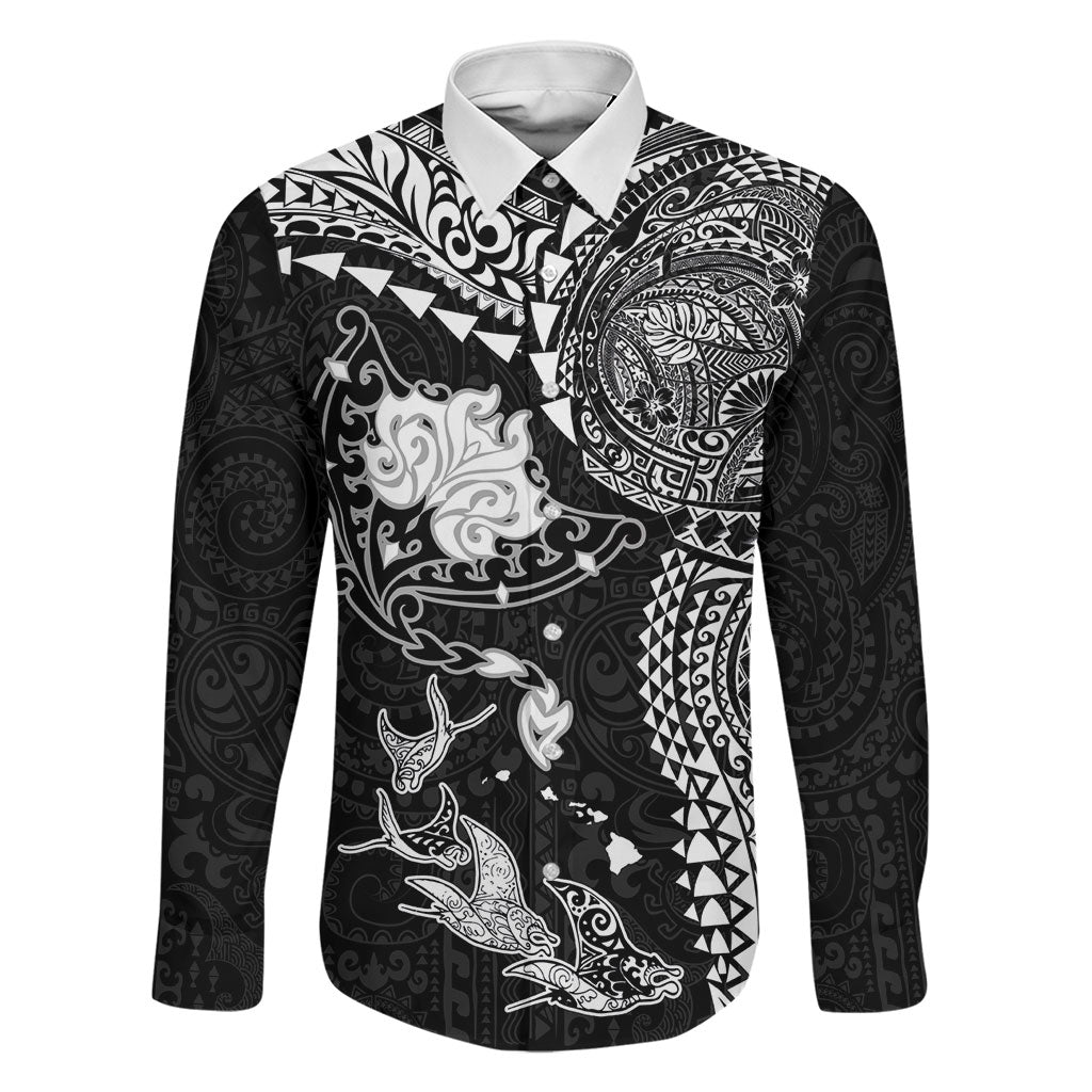 Hawaiian Manta Ray Tribal Family Matching Mermaid Dress and Hawaiian Shirt Polynesian Art Motifs Black Color LT03 Dad's Shirt - Long Sleeve Black - Polynesian Pride