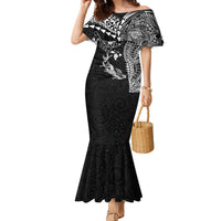 Hawaiian Manta Ray Tribal Family Matching Mermaid Dress and Hawaiian Shirt Polynesian Art Motifs Black Color LT03 Mom's Dress Black - Polynesian Pride