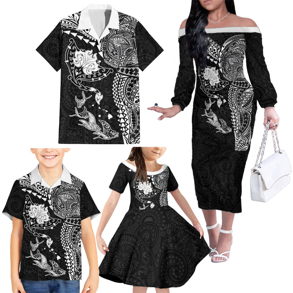 Hawaiian Manta Ray Tribal Family Matching Off The Shoulder Long Sleeve Dress and Hawaiian Shirt Polynesian Art Motifs Black Color LT03 - Polynesian Pride