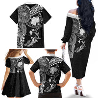 Hawaiian Manta Ray Tribal Family Matching Off The Shoulder Long Sleeve Dress and Hawaiian Shirt Polynesian Art Motifs Black Color LT03 - Polynesian Pride