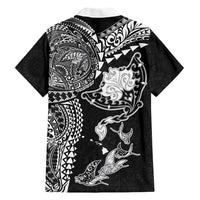 Hawaiian Manta Ray Tribal Family Matching Off The Shoulder Long Sleeve Dress and Hawaiian Shirt Polynesian Art Motifs Black Color LT03 - Polynesian Pride