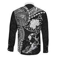Hawaiian Manta Ray Tribal Family Matching Off The Shoulder Long Sleeve Dress and Hawaiian Shirt Polynesian Art Motifs Black Color LT03 - Polynesian Pride