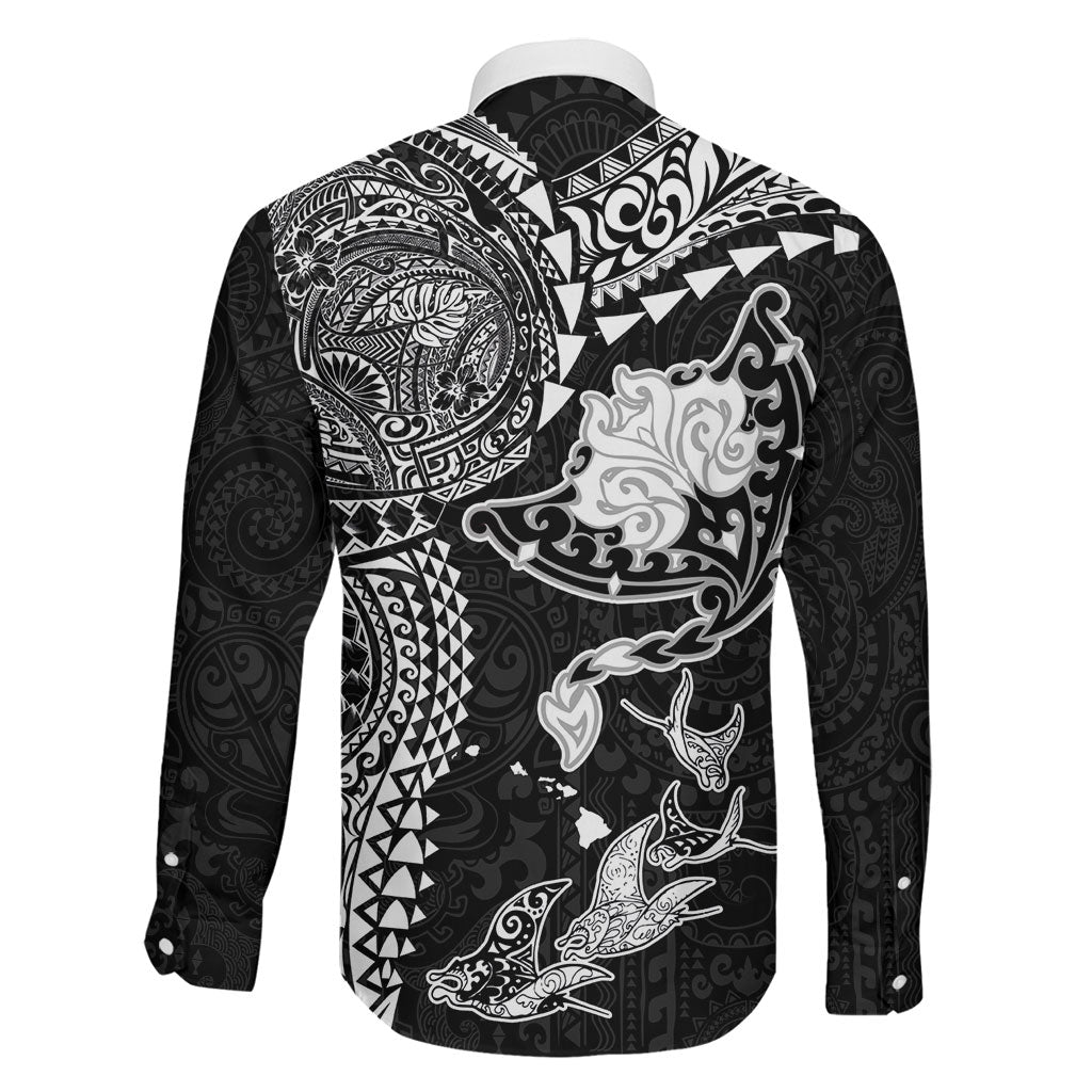 Hawaiian Manta Ray Tribal Family Matching Off Shoulder Maxi Dress and Hawaiian Shirt Polynesian Art Motifs Black Color LT03 - Polynesian Pride