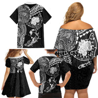 Hawaiian Manta Ray Tribal Family Matching Off Shoulder Short Dress and Hawaiian Shirt Polynesian Art Motifs Black Color LT03 - Polynesian Pride