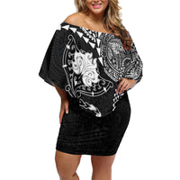 Hawaiian Manta Ray Tribal Family Matching Off Shoulder Short Dress and Hawaiian Shirt Polynesian Art Motifs Black Color LT03 Mom's Dress Black - Polynesian Pride
