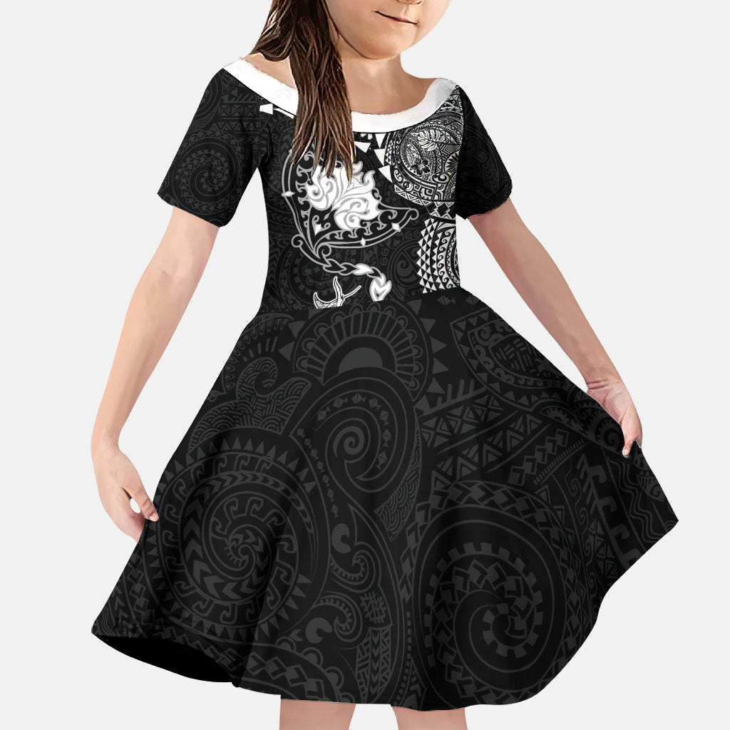 Hawaiian Manta Ray Tribal Family Matching Puletasi and Hawaiian Shirt Polynesian Art Motifs Black Color LT03 Daughter's Dress Black - Polynesian Pride