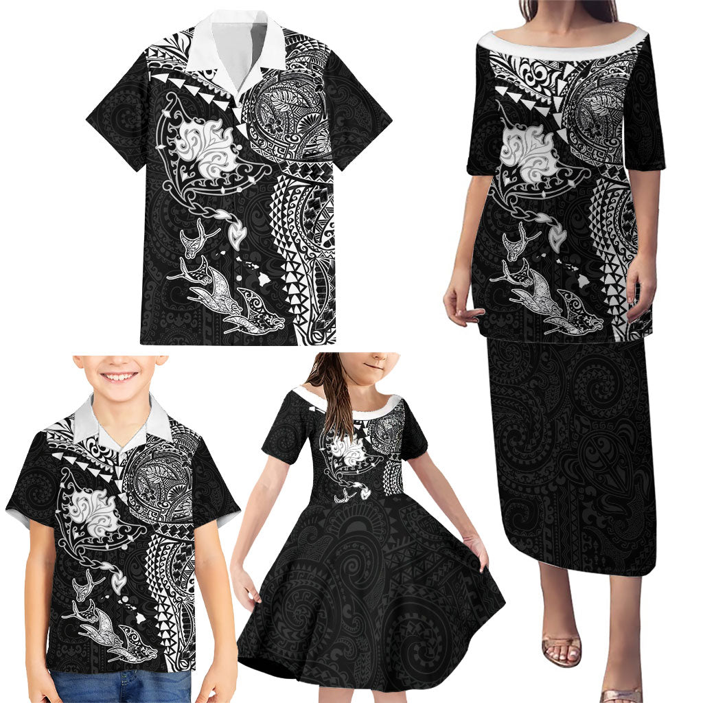 Hawaiian Manta Ray Tribal Family Matching Puletasi and Hawaiian Shirt Polynesian Art Motifs Black Color