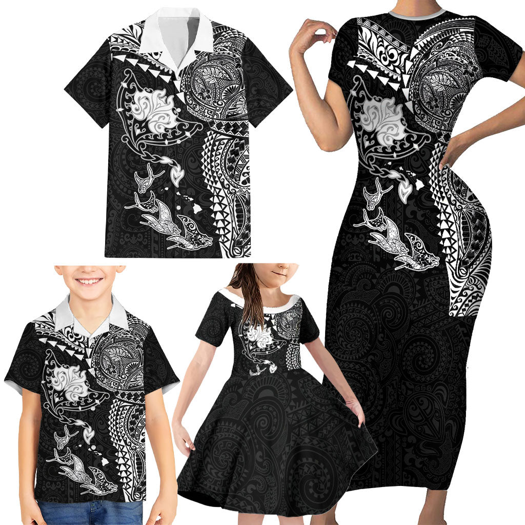Hawaiian Manta Ray Tribal Family Matching Short Sleeve Bodycon Dress and Hawaiian Shirt Polynesian Art Motifs Black Color
