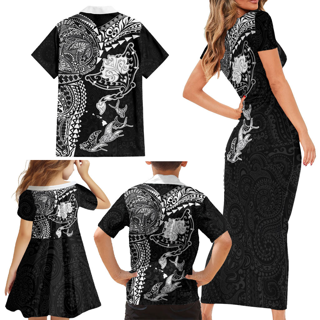 Hawaiian Manta Ray Tribal Family Matching Short Sleeve Bodycon Dress and Hawaiian Shirt Polynesian Art Motifs Black Color LT03 - Polynesian Pride