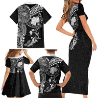 Hawaiian Manta Ray Tribal Family Matching Short Sleeve Bodycon Dress and Hawaiian Shirt Polynesian Art Motifs Black Color LT03 - Polynesian Pride