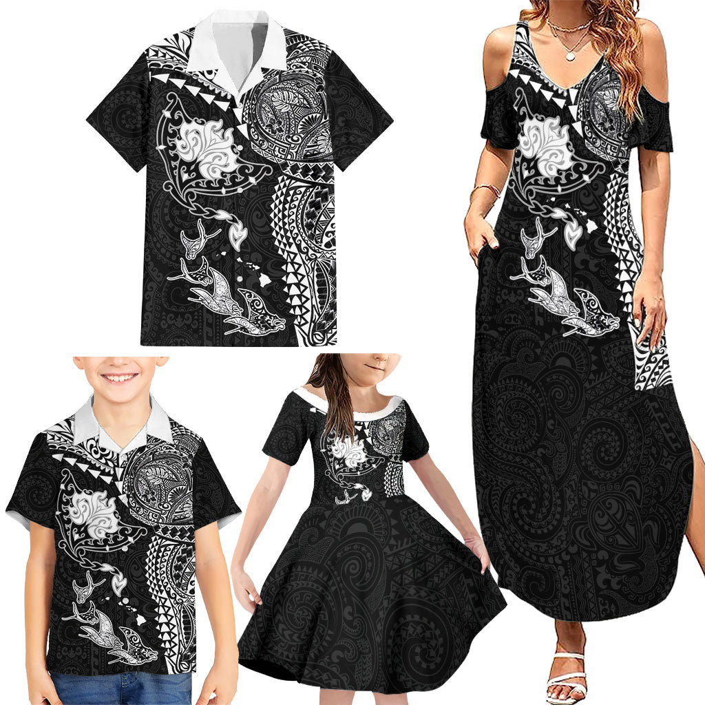 Hawaiian Manta Ray Tribal Family Matching Summer Maxi Dress and Hawaiian Shirt Polynesian Art Motifs Black Color