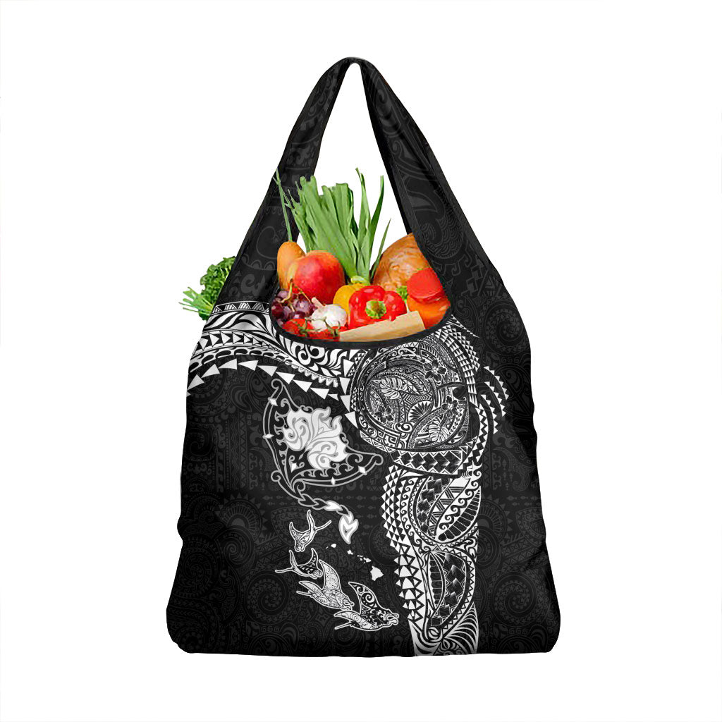 Hawaiian Manta Ray Tribal Grocery Bag Polynesian Art Motifs Black Color