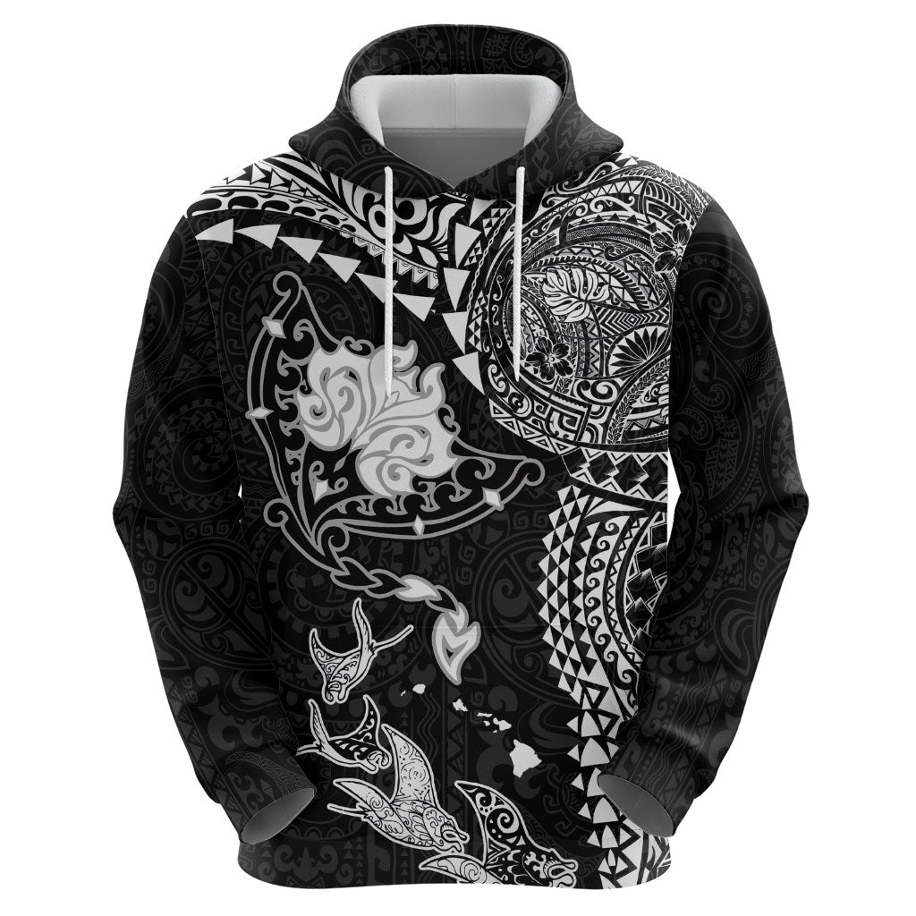 Hawaiian Manta Ray Tribal Hoodie Polynesian Art Motifs Black Color