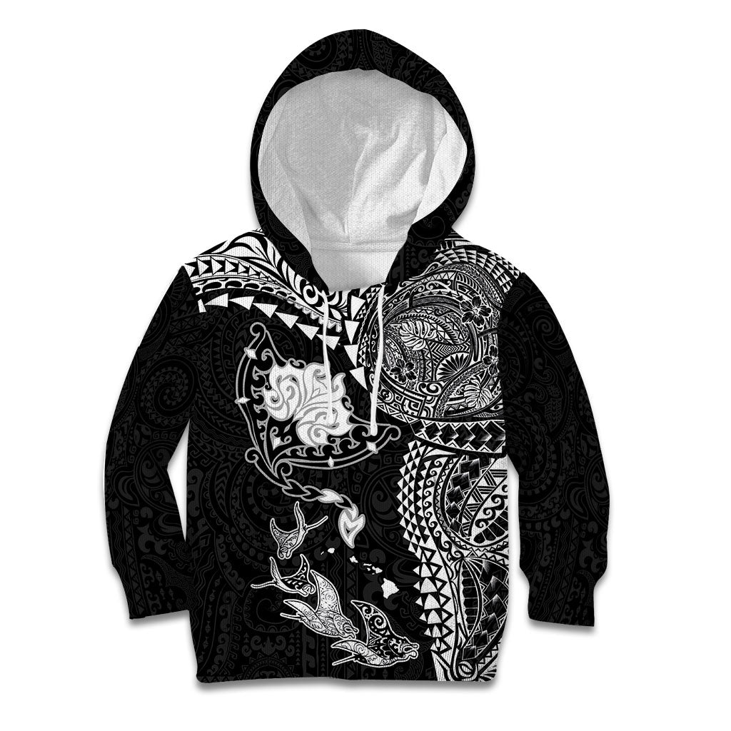 Hawaiian Manta Ray Tribal Kid Hoodie Polynesian Art Motifs Black Color