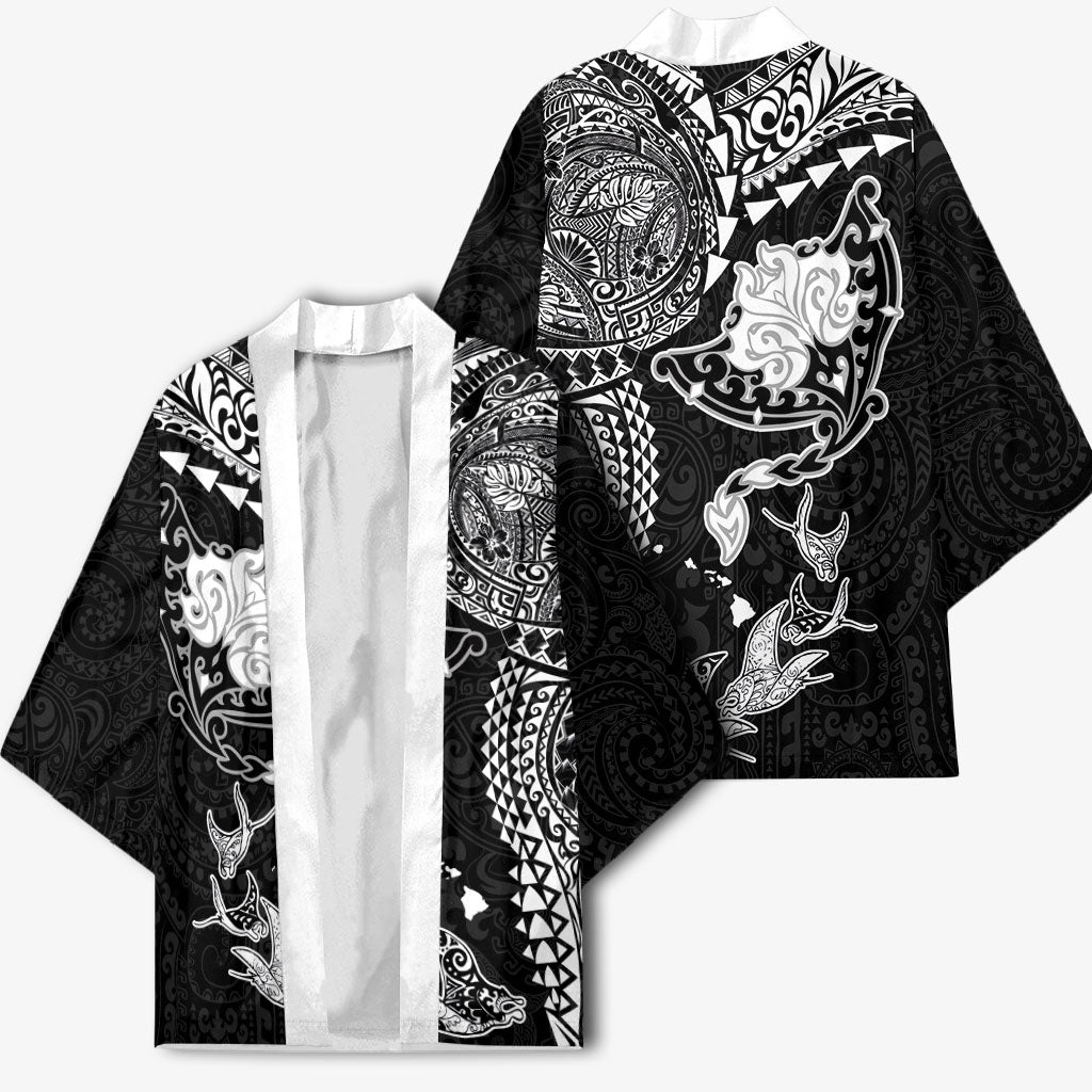 Hawaiian Manta Ray Tribal Kimono Polynesian Art Motifs Black Color