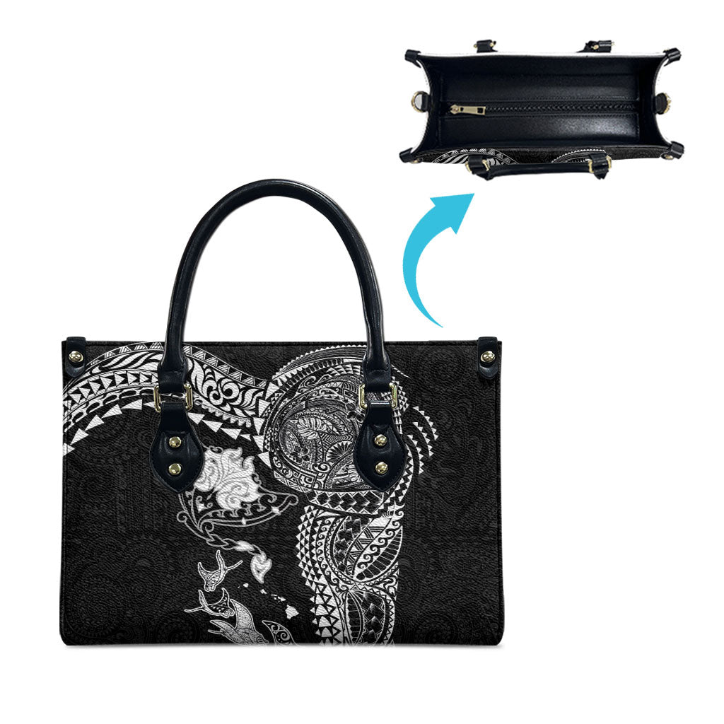 Hawaiian Manta Ray Tribal Leather Bag Polynesian Art Motifs Black Color