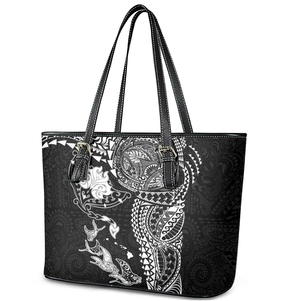 Hawaiian Manta Ray Tribal Leather Tote Bag Polynesian Art Motifs Black Color