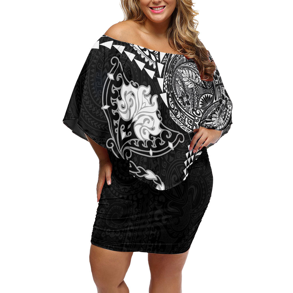 Hawaiian Manta Ray Tribal Off Shoulder Short Dress Polynesian Art Motifs Black Color