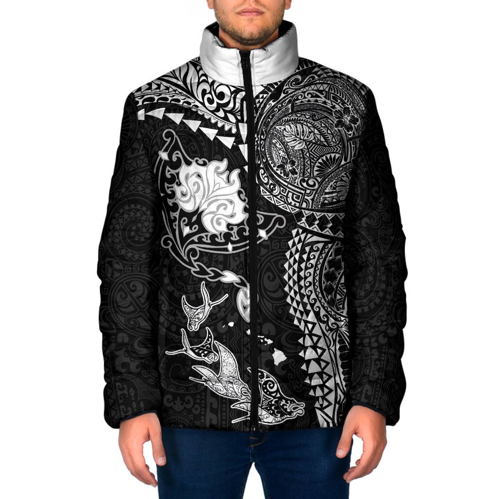 Hawaiian Manta Ray Tribal Padded Jacket Polynesian Art Motifs Black Color