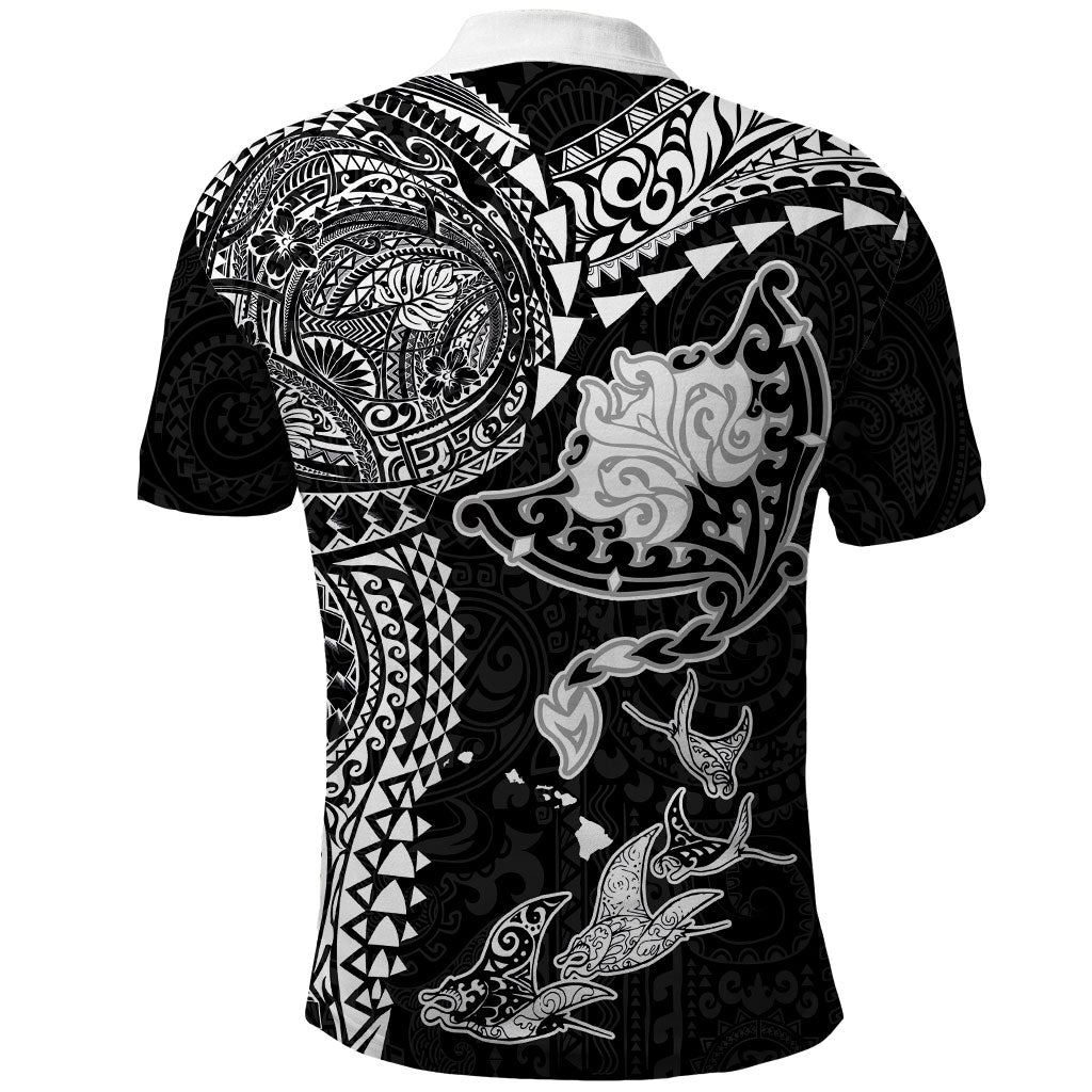 Hawaiian Manta Ray Tribal Polo Shirt Polynesian Art Motifs Black Color