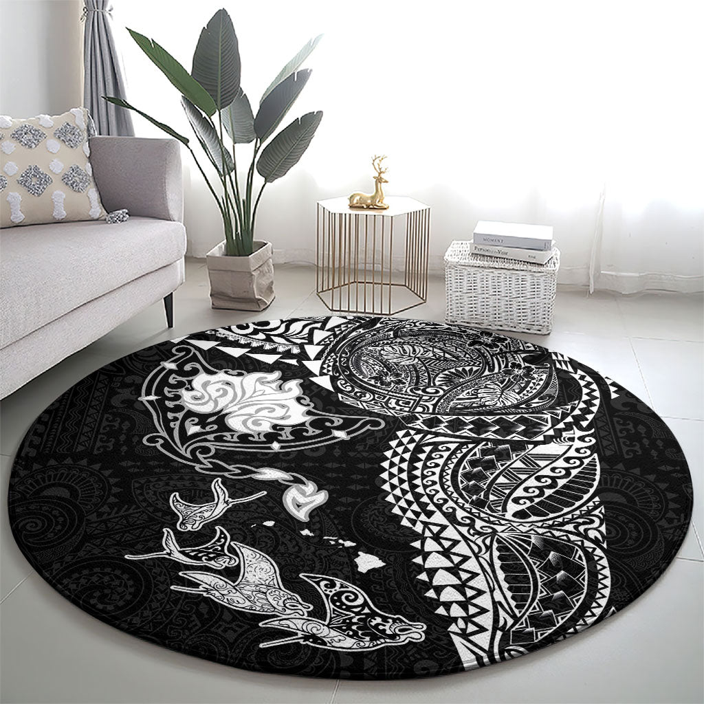 Hawaiian Manta Ray Tribal Round Carpet Polynesian Art Motifs Black Color