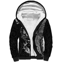 Hawaiian Manta Ray Tribal Sherpa Hoodie Polynesian Art Motifs Black Color