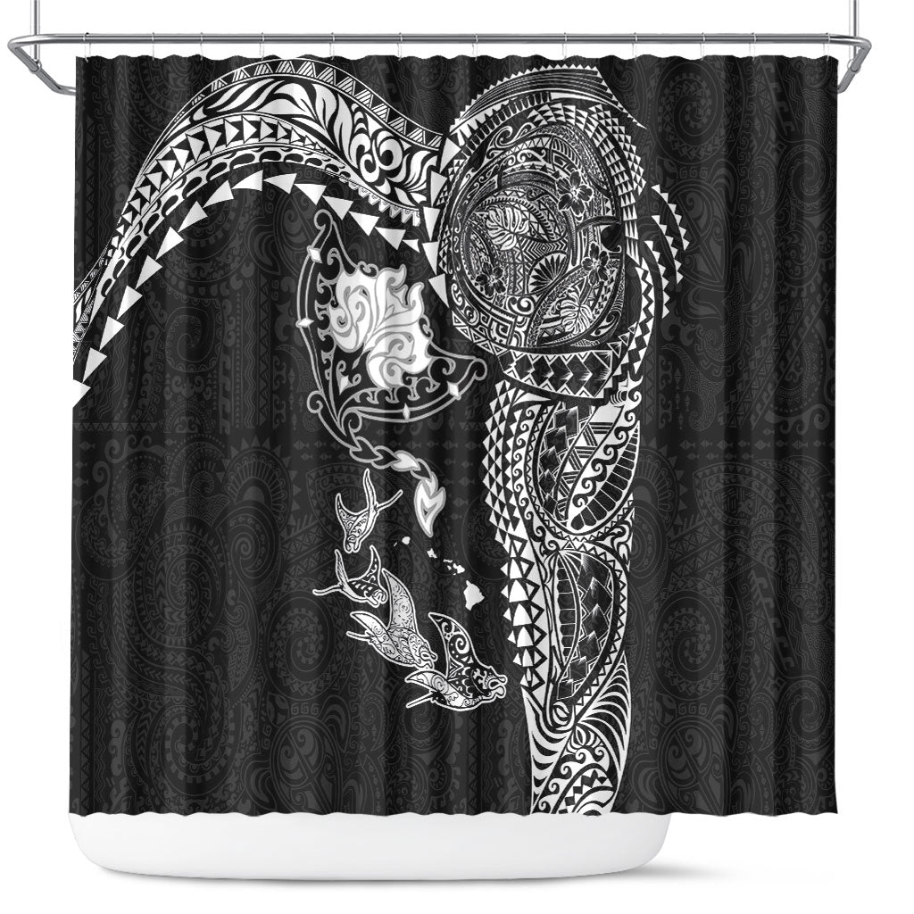 Hawaiian Manta Ray Tribal Shower Curtain Polynesian Art Motifs Black Color