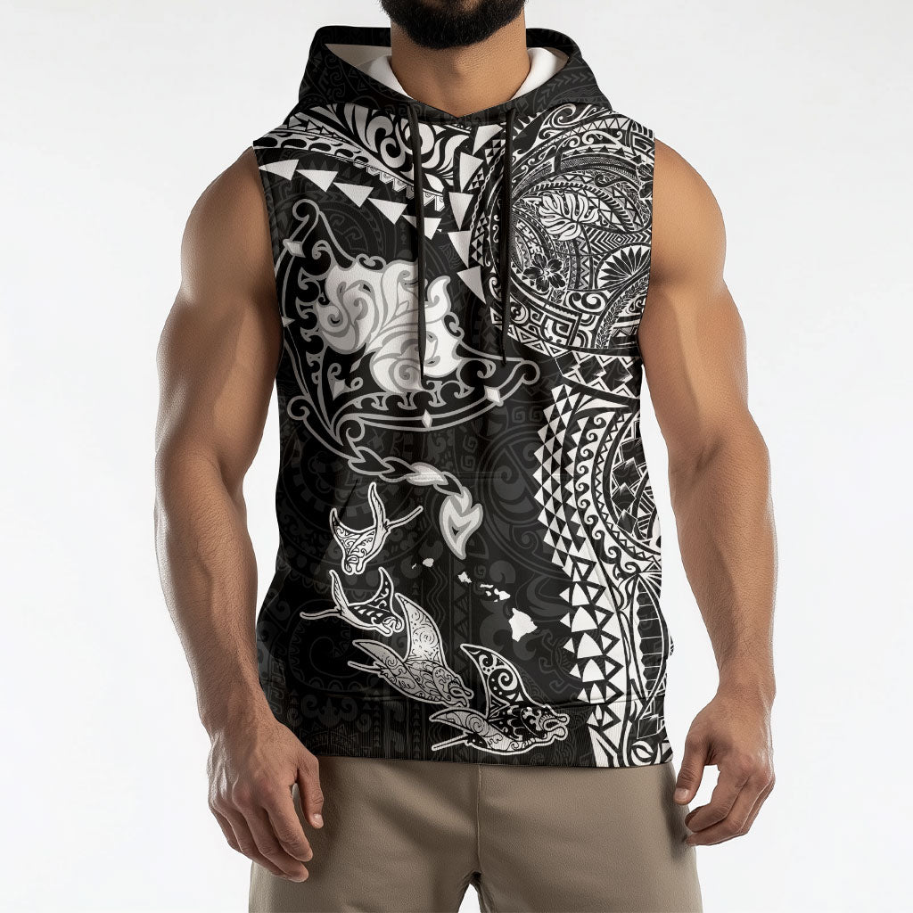 Hawaiian Manta Ray Tribal Sleeveless Hoodie Polynesian Art Motifs Black Color