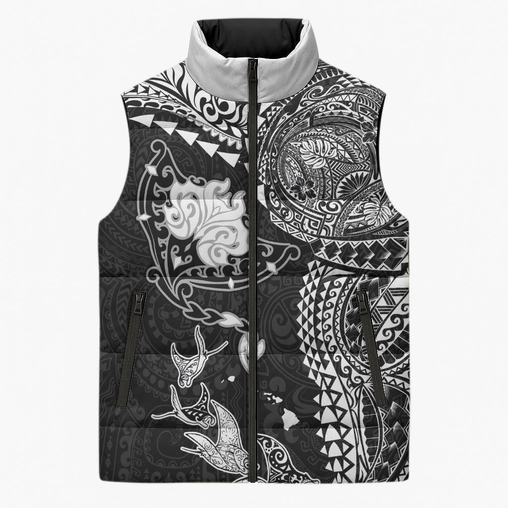 Hawaiian Manta Ray Tribal Sleeveless Puffer Jacket Polynesian Art Motifs Black Color