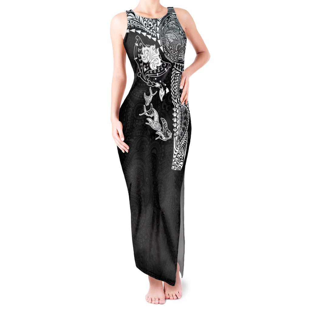 Hawaiian Manta Ray Tribal Tank Maxi Dress Polynesian Art Motifs Black Color