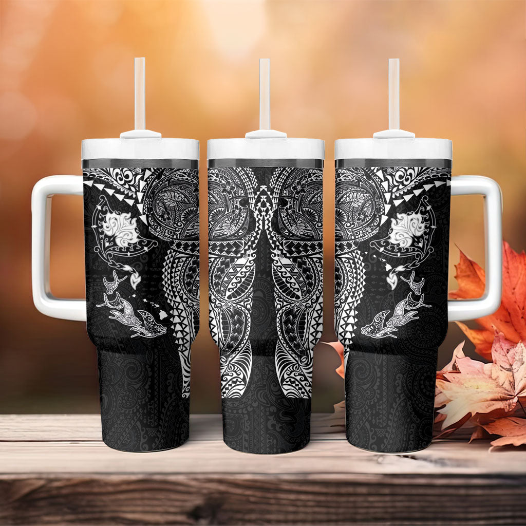 Hawaiian Manta Ray Tribal Tumbler With Handle Polynesian Art Motifs Black Color