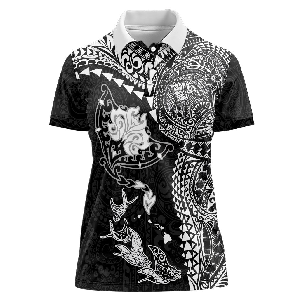 Hawaiian Manta Ray Tribal Women Polo Shirt Polynesian Art Motifs Black Color