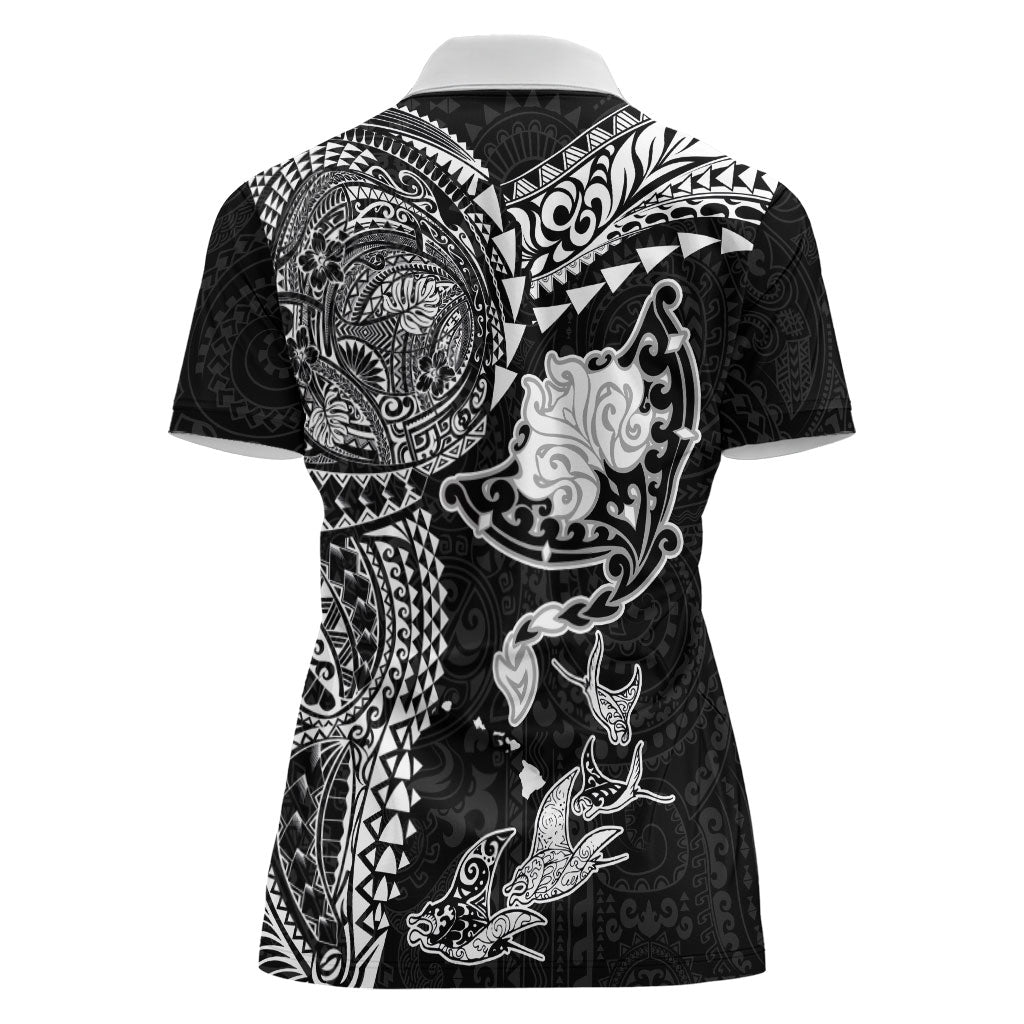 Hawaiian Manta Ray Tribal Women Polo Shirt Polynesian Art Motifs Black Color